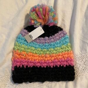 NWT BP Rainbow Knit Pom Beanie Hat black multicolor red green
